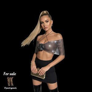 Rhinestone Chainmail Off-Shoulder Halter Top – Silver, Backless Festival